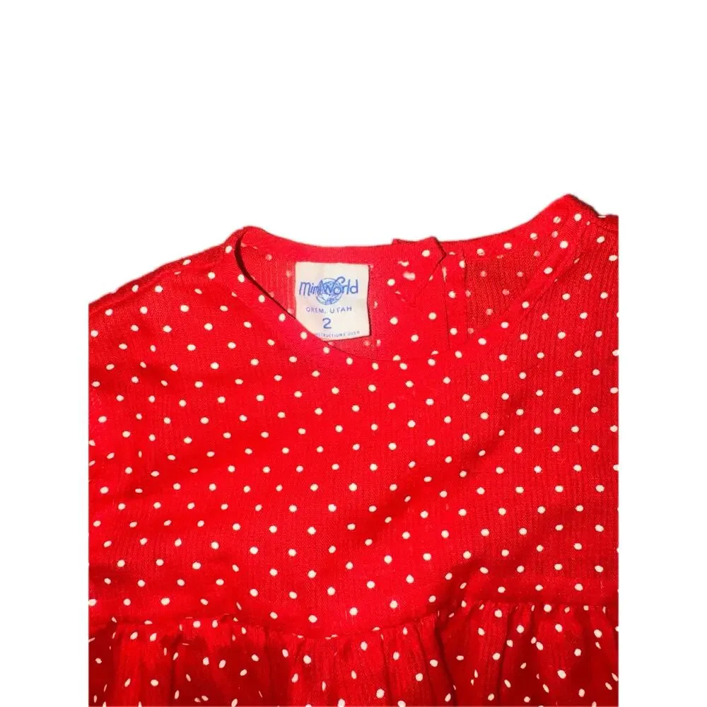 Vintage Mini World Red Polka Dot Dress Toddler Size 2 Lace Trim Long Sleeve